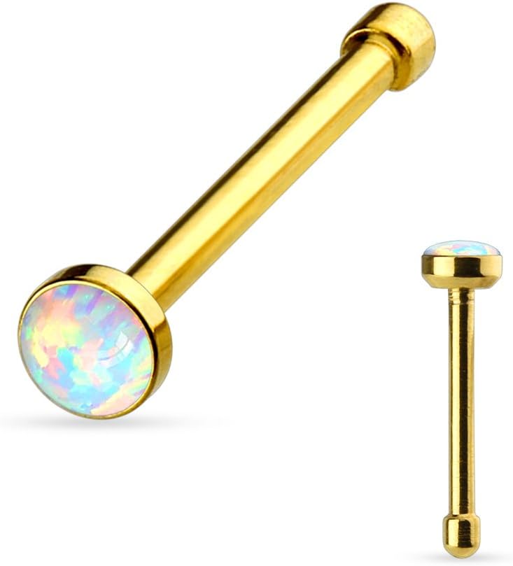 FifthCue 20G Synthetic Opal Set Flat Top PVD Over 316L Surgical Steel L bend Stud Nose Rings - Image 1